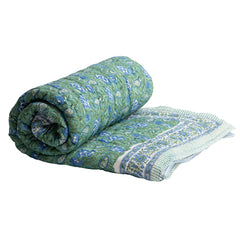 Isla Quilt in Emerald Green & Sky Blue | Hand-Block Printed Cotton Quilt