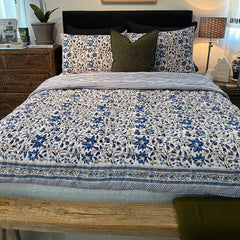 Marlowe Quilt in American Blue & Sage Green | Hand-Block Printed Floral Design