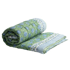 Noa Quilt in Soft Green and French Blue | Hand-Block Printed Cotton